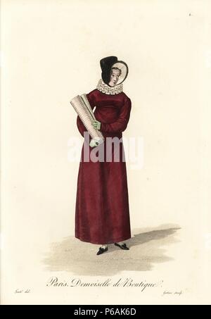 Shop ragazza di Parigi, indossando un cofano e collare in pizzo e lungo cappotto e recante una vite del tessuto. Handcolored incisione su rame da Gatine dopo una illustrazione da Luigi Maria da lante da 'Ouvrieres de Paris" (Tradeswomen di Parigi), Parigi, 1823. Foto Stock