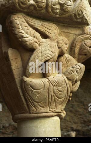 Aviso del angel a San Jose, capitel del claustro.Monasterio de San Juan de la Peña(s.XII-XIII) . Serrablo.Huesca.España. Foto Stock