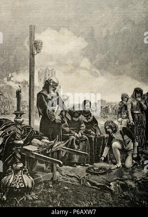 Alvaro de Luna (1390-1453). Connestabile di Castiglia. Alms per l anima del Conestabile Don Alvaro de Luna. Incisione di A. Closs nell'illustrazione artistica 1885. Foto Stock