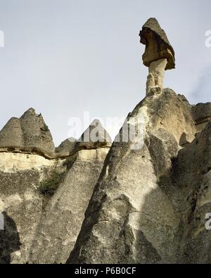 La Turchia. Cappadocia. Pasabaglari. Monk's Valley. Fata camino. Dettaglio. Anatolia centrale. Foto Stock