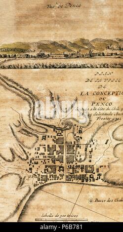 Sud America. Il Cile. Villa de la Concepción o Penco. Piano e disegno di Luis Amadeo Frezier (1682-1773). 1712. Incisione francese pubblicato a Parigi, 1716. Foto Stock