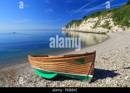 In legno barca di pesca su una spiaggia di ciottoli vicino al villaggio di birra in East Devon Foto Stock