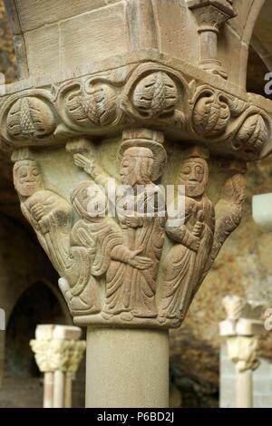 Gesù perdonando el adulterio, capitel del claustro.Monasterio de San Juan de la Peña(s.XII-XIII) . Serrablo.Huesca.España. Foto Stock