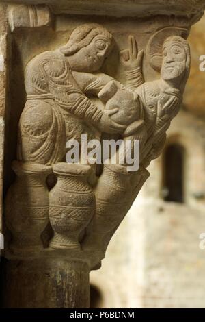 La conversione de agua en vino-Bodas de cana , capitel del claustro.Monasterio de San Juan de la Peña(s.XII-XIII) . Serrablo.Huesca.España. Foto Stock
