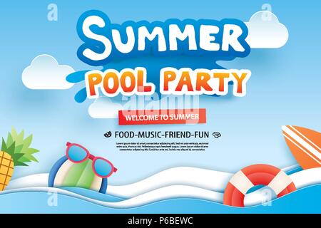 Summer party in piscina con carta tagliata simbolo e icona per invito dello sfondo. Arte e artigianato stile. Utilizzare per annunci pubblicitari, banner, poster, scheda, coprire, adesivi, b Illustrazione Vettoriale