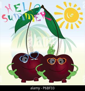Ciao estate due ciliegie poster cartoon Illustrazione Vettoriale