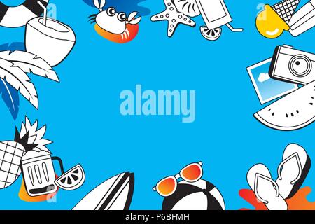 Estate scarabocchi simbolo e icona di oggetti elementi con spazio per il testo. Disegnata a mano stile. Utilizzare per le etichette, adesivi, badge, poster, flyer, banner, illust Illustrazione Vettoriale