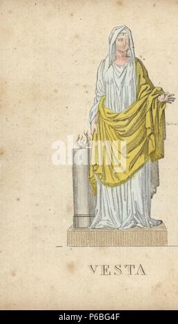 Vesta, Romana la dea del focolare, in piedi accanto a un altare con la sacra fiamma. Handcolored incisione su rame incisa da Jacques Louis Lacerf costante dopo le illustrazioni da Leonard Defraine da 'La mythologie en Estampes' (mitologia stampe o figure di divinità leggendaria), Chez P. Blanchard, Parigi, c.1820. Foto Stock