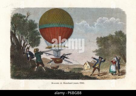 Discesa di Jean-Pierre Blanchard del palloncino di idrogeno, 2 marzo 1784, nei pressi di Parigi. Palloncino con paracadute ed sbattere le ali. Handcolored incisione da Louis Figuier "erveilles de la Science: Les Aerostats", Parigi, 1870. Foto Stock