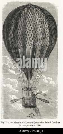 Presidiati mongolfiera dal capitano Vincenzo Lunardi, Italiano aeronaut daredevil, a Londra, settembre 1784. Woodblock incisione da Louis Figuier 'Les Merveilles de la Science: Aerostats' (meraviglie della scienza: Aria palloncini), Furne, Jouvet et Cie, Parigi, 1868. Foto Stock