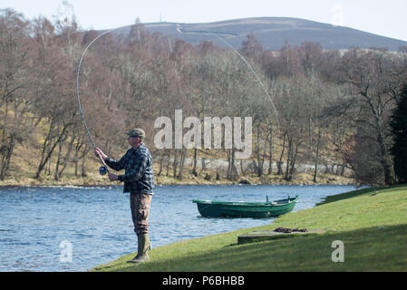 La pesca a mosca sul fiume Spey in Scozia vicino a Grantown on Spey Foto Stock