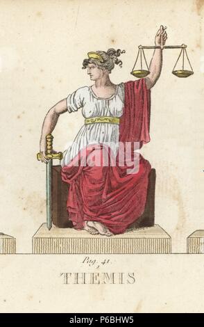 Themis dea greca della legge divina e della giustizia, con scale e spada. Handcolored incisione su rame incisa da Jacques Louis Lacerf costante dopo le illustrazioni da Leonard Defraine da 'La mythologie en Estampes' (mitologia stampe o figure di divinità leggendaria), Chez P. Blanchard, Parigi, c.1820. Foto Stock