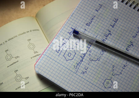 Le formule della chimica organica in uno studente della classe notebook. Foto Stock