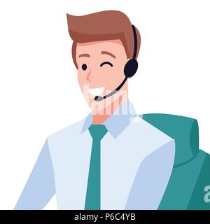 Bel ragazzo customer service operator, Ufficio ambiente, assistenza clienti, lavoratori Illustrazione Vettoriale