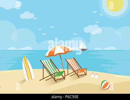 Due sedie vuote sulla spiaggia a Nizza il giorno sotto il sole Illustrazione Vettoriale