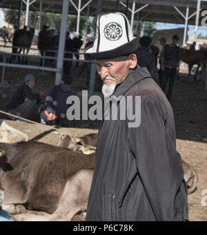 Uomo del Kirghizistan con kalpak hat alla domenica il mercato degli animali, Karakol, Kirghizistan Foto Stock