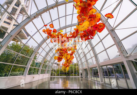 SEATTLE - 26 Apr 2016: vetro soffiato in forme astratte, Chihuly Garden e il Museo del Vetro, Seattle, Washington Foto Stock