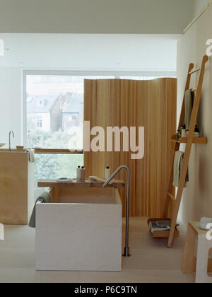 Freestanding chrome toccare e centrale rettangolare in bagno bagno moderno con legno compensato curvato schermo e scaletta rustico Foto Stock