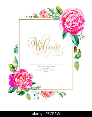 Cornice dorata con acquerello fatti a mano rose rosa e scritte a mano il testo benvenuto, nozze ornamento floreale - invito design illustrazione Foto Stock