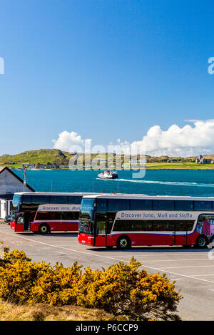 Luxury double deck allenatori collegare con il traghetto di Iona a Fionnphort sul Ross di Mull, Argyll and Bute, Scotland, Regno Unito Foto Stock