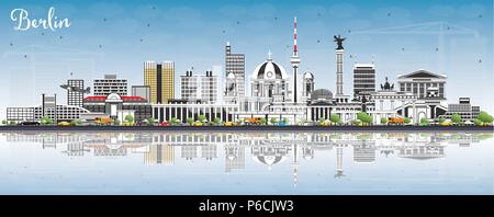 Berlino Germania Skyline con edifici grigi, cielo blu e riflessi. Illustrazione Vettoriale. Viaggi di affari e turismo Concept Illustrazione Vettoriale