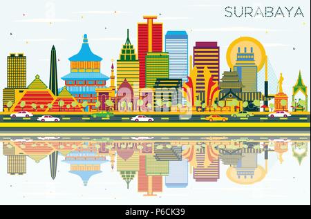 Surabaya Indonesia Skyline con edifici di colore, cielo blu e riflessi. Illustrazione Vettoriale. Illustrazione Vettoriale