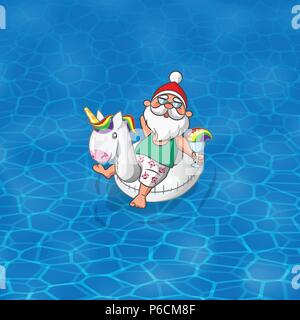 Babbo Natale con Unicorn galleggiante gonfiabile vela lungo il mare oceano o piscina Illustrazione Vettoriale