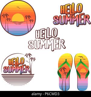 Ciao Estate illustrazione set - il logo, il testo flip flop - dipinto con i colori del tramonto Illustrazione Vettoriale