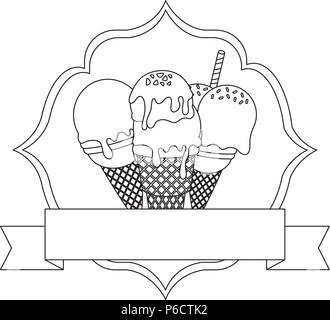 Ice Cream emblema con telaio arabo e nastro decorativo su sfondo bianco, illustrazione vettoriale Illustrazione Vettoriale