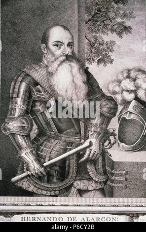 ALARCON, Hernando de. MILITAR ESPAÑOL. PALOMARES DE HUETE , 1466 - 1540. GRABADO DE ' VARONES ILUSTRES '. CALCOGRAFIA Nacional. MADRID. Foto Stock