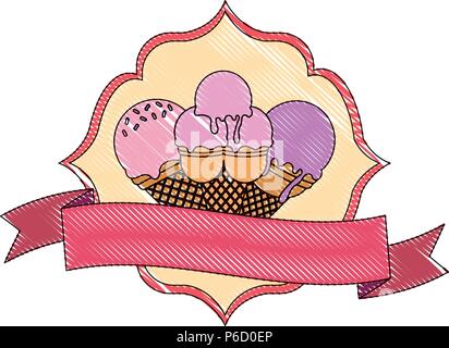 Ice Cream emblema con telaio arabo e nastro decorativo su sfondo bianco, illustrazione vettoriale Illustrazione Vettoriale