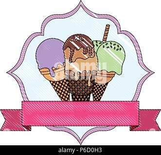 Ice Cream emblema con telaio arabo e nastro decorativo su sfondo bianco, illustrazione vettoriale Illustrazione Vettoriale