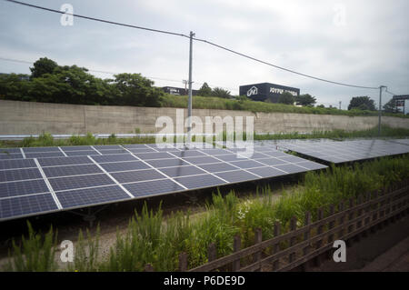 Chilometri di pannelli solari lungo la linea ferroviaria all'aeroporto Narita di Tokyo Giappone Foto Stock