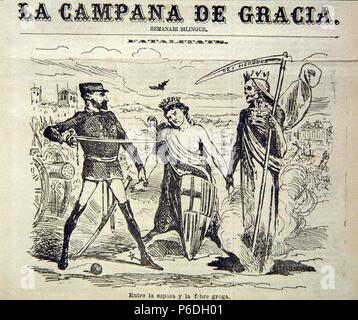 PRIM , Juan. POLITICO Y MILITAR ESPAÑOL. REUS 1814-1870. CARICATURA SOBRE LA CUESTION DE LA FIEBRE AMARILLA EN BARCELONA. REVISTA SATIRICA ' LA CAMPANA DE GRACIA' , 1870. Foto Stock