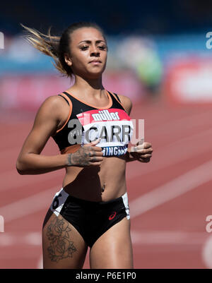 Birminghm, REGNO UNITO, 30 giugno 2018. Alexander Stadium, Birmingham, Regno Unito. Sabato 30 Giugno 2018. British Athletics Championships. Ebano Carr vince durante il womens 100m riscalda.Credit: UK Sport agenzia/Alamy Live News Foto Stock