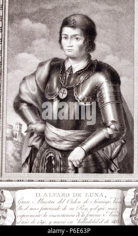 ALVARO DE LUNA ( 1390 - 1453 ). CONDESTABLE de Castilla , FAVORITO DE JUAN II. GRABADO RETRATO DE LA COLECCION ' VARONES iLUSTRES '. CALCOGRAFIA Nacional. MADRID. Foto Stock
