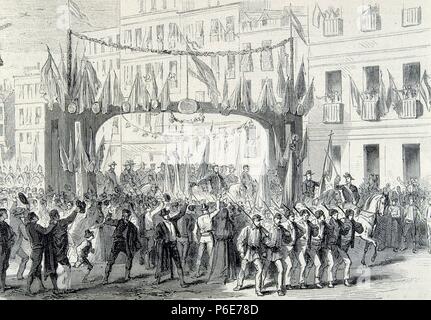 PRIM , Juan. POLITICO Y MILITAR ESPAÑOL. REUS 1814-1870. ' ENTRADA DEL GENERALE PRIM EN MADRID , año 1869 '. GRABADO DE L' illustrazione. Foto Stock