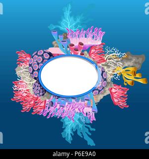 Cornice ovale fatta di coralli con lo spazio per il tuo testo o immagine. Vector cartoon close-up illustrazione. Illustrazione Vettoriale