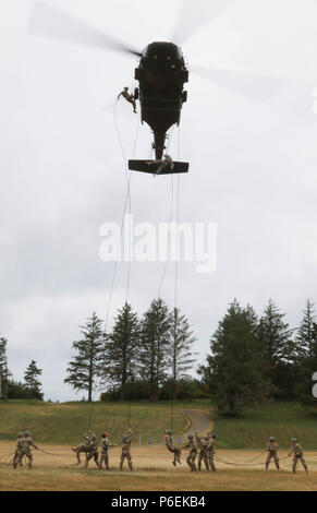 Soldati e aviatori rappel da un UH-60 elicottero durante la fase finale di Air Assault Scuola, svoltasi presso il Camp Rilea in Warrenton, Ore., Giugno 6, 2018. Gli studenti addestrati fisicamente e mentalmente per ottenere la possibilità di guadagnare la loro Air Assault Badge. (Foto di Staff Sgt. Anita VanderMolen, 115Mobile degli affari pubblici distacco, Oregon esercito nazionale Guard) Foto Stock