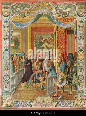 . Français : Le Roy Soleil . Chromotypogravure d'aquarelles (altezza: 36 cm (14,1 in); larghezza: 26 cm (10,2 in)) : Le leva du Roi. N/A 62 Maurice Leloir - Le Roy Soleil - le leva du Roi Foto Stock