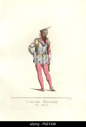 Italiano costume militare dal XV secolo. Indossa un elmetto e corazza ornate con oro, violetto sciarpa, doppietto verde, rosa calze, e tiene una spada. Da un dipinto nella Cappella Sistina da Lucas Signorelli. Handcolored Illustrazione disegnata e litografato da Paolo Mercuri con il testo di Camille Bonnard da 'costumi storici dal XII al XV secolo,' Prelievo Fils, Parigi, 1861. Foto Stock