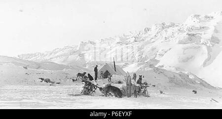 . Inglese: slitta trainata da cani team e piloti accanto alla tenda, ca. 1912 . Inglese: PH Coll 247.880 soggetti (LCTGM): Dogsledding--Alaska; Cane squadre--Alaska; Tende--Alaska; neve--Alaska soggetti (LCSH): slitte trainate da cani -- Alaska; slittini -- Alaska; Mushers--Alaska . circa 1912 39 slitta trainata da cani team e piloti accanto alla tenda, ca 1912 THWAITES (395) Foto Stock