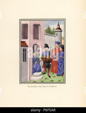 La liberazione del Signore de La Riviere da Chatelet su la supplica della Duchessa di Berry, c.1392. Egli era stato imprigionato per la sua associazione con Sir Olivier de Clisson, che è stato accusato di Re Carlo VI follia. Litografia Handcolored dopo un manoscritto illuminato da Sir John Froissart 'Cronache di Inghilterra, Francia, Spagna e Paesi limitrofi, da quest'ultima parte del regno di Edoardo II per la incoronazione di Enrico IV,' George Routledge, Londra, 1868. Foto Stock