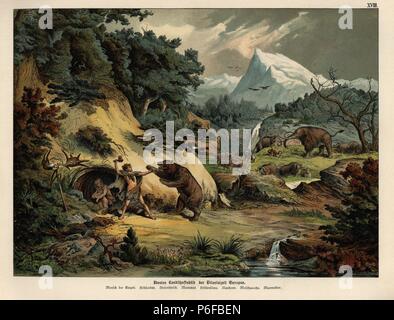 Restauro di un paesaggio europeo in Diluvial ser. Ice Age uomo, rinoceronte, grotta di Lion, orso delle caverne, giant deer, mammut, muschio ox e marmotta. Chromolithograph dal dottor P. Rolle 'Geologia e Paleontologia' Sezione in Gotthilf Heinrich von Schubert 'Naturgeschichte,' Schreiber, Monaco, 1886. Foto Stock