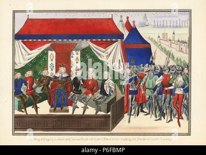 Re Sigismondo di Ungheria in consiglio con i propri signori e signori francese prima di attraversare il Danubio per invadere la Turchia, 1396. Litografia Handcolored dopo un manoscritto illuminato da Sir John Froissart 'Cronache di Inghilterra, Francia, Spagna e Paesi limitrofi, da quest'ultima parte del regno di Edoardo II per la incoronazione di Enrico IV,' George Routledge, Londra, 1868. Foto Stock
