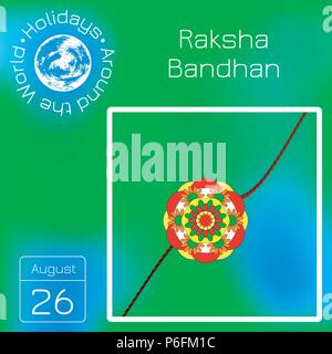 Raksha Bandhan. Concetto di vacanza indù. Festa indiano. Bracciale con fiore. Calendario. Vacanze in tutto il mondo. Evento di ogni giorno. Sfocatura verde Illustrazione Vettoriale