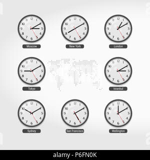 World Time Clock. Tempo attuale nella famosa città del mondo. Hotel o Borsa Orologi da parete. Ora locale in tutto il mondo. Mondo punteggiato sulla mappa Backgrou Foto Stock