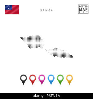 Mappa punteggiata di Samoa. Semplice Silhouette di Samoa. La bandiera nazionale di Samoa. Insieme multicolore i marcatori mappa. Illustrazione isolato su bianco Backgroun Foto Stock