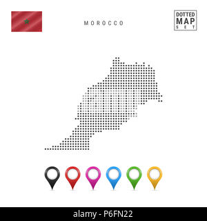 Mappa tratteggiata del Marocco. Semplice Silhouette del Marocco. La bandiera nazionale del Marocco. Insieme multicolore i marcatori mappa. Illustrazione isolato su bianco Foto Stock