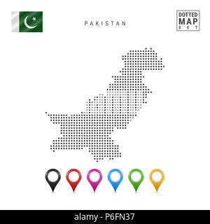 Mappa tratteggiata del Pakistan. Semplice Silhouette del Pakistan. La bandiera nazionale del Pakistan. Insieme multicolore i marcatori mappa. Illustrazione isolato su bianco Foto Stock